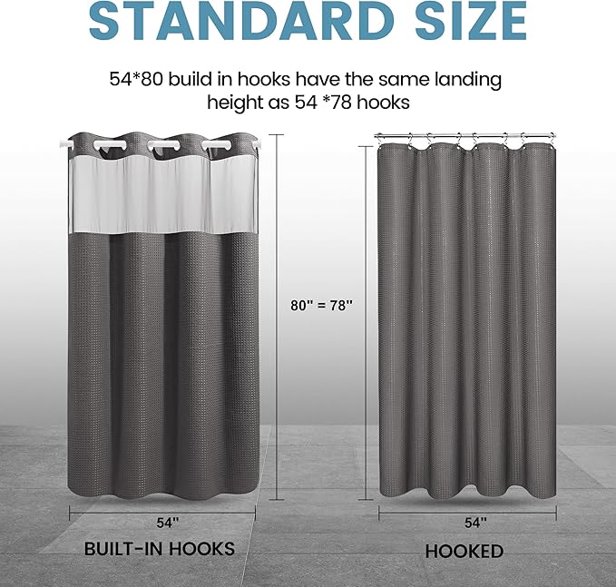 Charcoal Grey Stall No Hook Shower Curtain with Snap in Liner,230GSM Waffle Weave Shower Curtains for Bathroom,54W x 80H