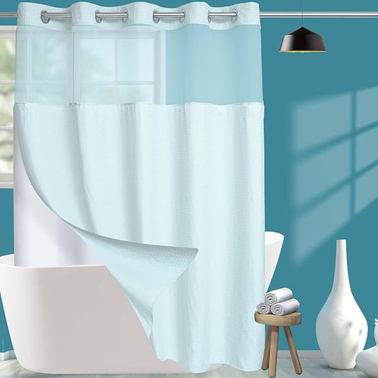 Extra Long No Hook Waffle Weave Shower Curtain with Snap in Liner Set, Hotel Luxury Blue Shower Curtains for Bathroom with See Through Top Window, Waterproof, Washable 71W x 84H