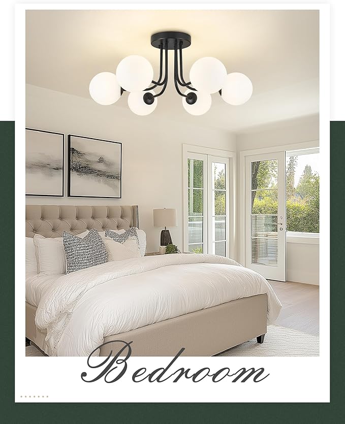 Matte Black Semi Flush Mount Ceiling Light in Modern Farmhouse Design Features 6 Frosted Glass Shades, Ideal for The Living Room, Bedroom, or Dining Room. Model:CKCL4845-6W-BK