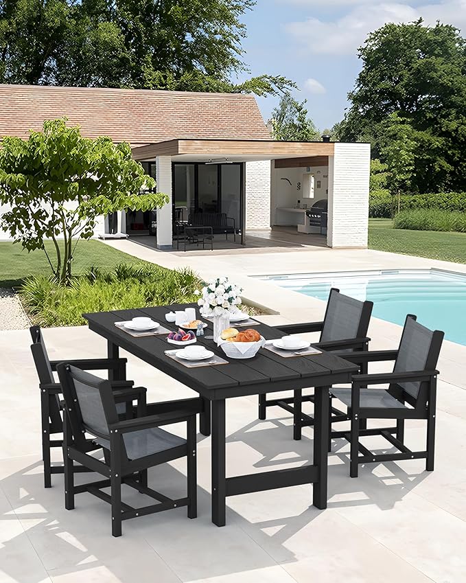 SERWALL 5 Piece Outdoor Dining Table Sets for 4 with 1 Umbrella Hole Cut-Out Rectangular Table and 4 Textilene Chairs, HDPE Dining Table Sets for Garden, Backyard, Poolside, Black