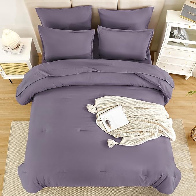 Litanika King Size Comforter Set Grey Purple - 7 Pieces Bed in a Bag King Bedding Comforter Sets, Solid Lightweight Bed Set with Comforter, Sheets, Pillowcases & Shams