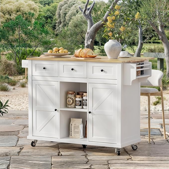 Rolling Kitchen Island Cart with Drop Leaf, Large Kitchen Island on Wheels with Storage and 3 Drawers, Mobile Island for Kitchen with Rubber Wood Countertop, Towel Rack (White, X-Large)