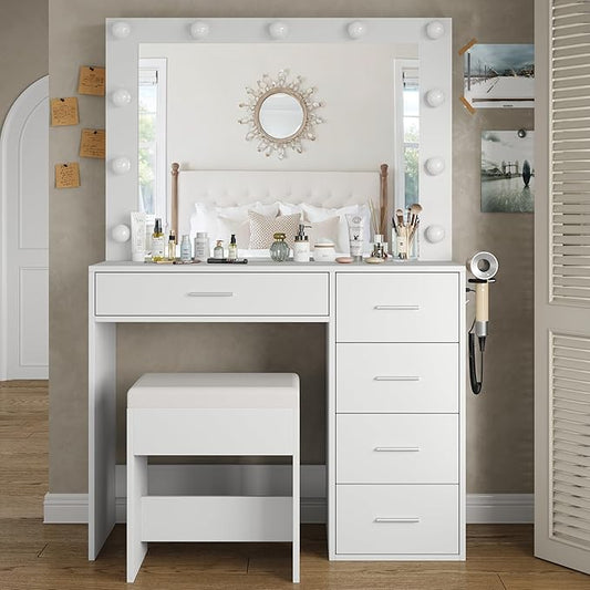37" W Vanity Desk with Power Outlet, Makeup Vanity with Mirror and Lights, 3 Lighting Modes, Vanity Table with Chair for Bedroom, Dressing Room Studio, White
