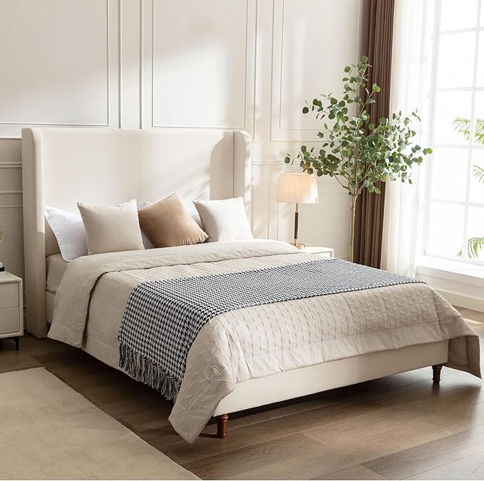 54" Tall Headboard Bed Frame with Boucle Upholstery, High Wingback Platform Bed, Sturdy Metal Foundation and Solid Wood Feet (Ivory, Queen (U.S. Standard))