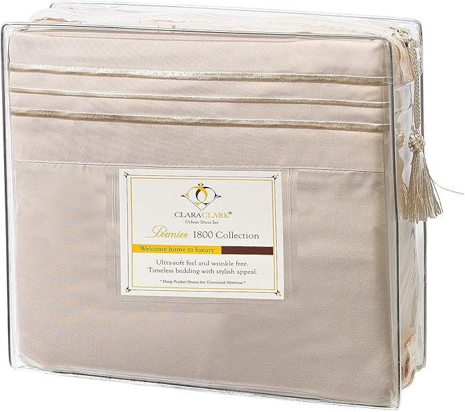 Clara Clark Bed Sheets, Premier 1800 Series 4 Piece Bed Sheet Set, Deep Pocket, Wrinkle, Fade, Stain Resistant, Luxury Soft Bedding Sheets & Pillowcases, Twin, Beige Cream