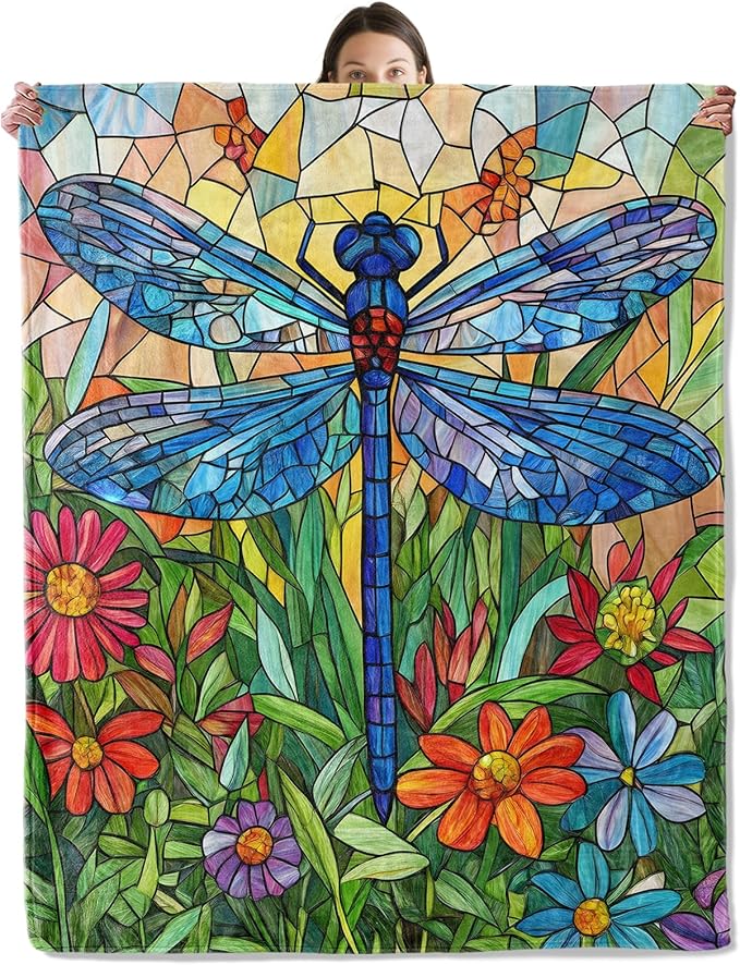 Colorful Dragonfly Blanket, Cozy Flannel Stained Glass Art Style Throw Blanket for Couch Outdoor, Plush Soft Lightweight Travel Blankets for Bed Decor and Gifts, for Women Adults Kids 60"x80"