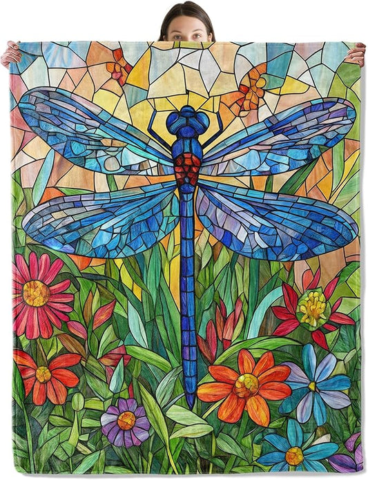 Colorful Dragonfly Blanket, Cozy Flannel Stained Glass Art Style Throw Blanket for Couch Outdoor, Plush Soft Lightweight Travel Blankets for Bed Decor and Gifts, for Women Adults Kids 60"x80"