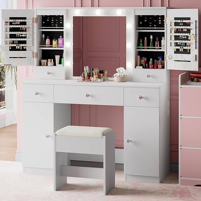 wanan White Vanity with Jewelry Storage, Big Makeup Vanity Desk with Mirror and Lights, 5 Drawers and 4 Cabinets, 45.3'' Large Vanity Set for Bedroom