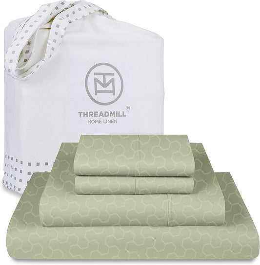 Threadmill 500 Thread Count Full Size 4 Pc Luxury Cotton Sheet Set, Jacquard Floria Sage Green, Silky Smooth Sheets with 16" Elasticized Deep Pocket, 2 Pillowcases & Free Tote Bag