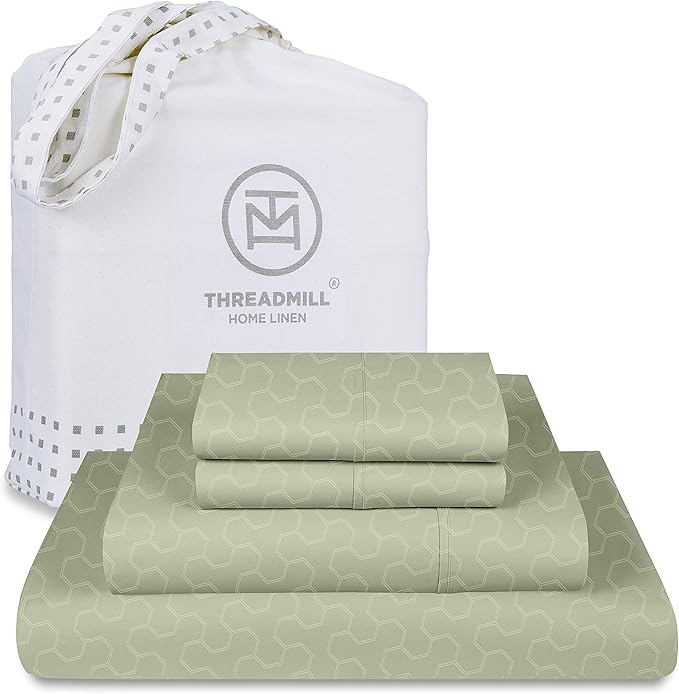 Threadmill 500 Thread Count Queen Size 4 Pc Luxury Cotton Bedding Set, Jacquard Floria Sage Green, Silky Smooth Sheets with 16" Elasticized Deep Pocket, 2 Pillowcases & Free Tote Bag