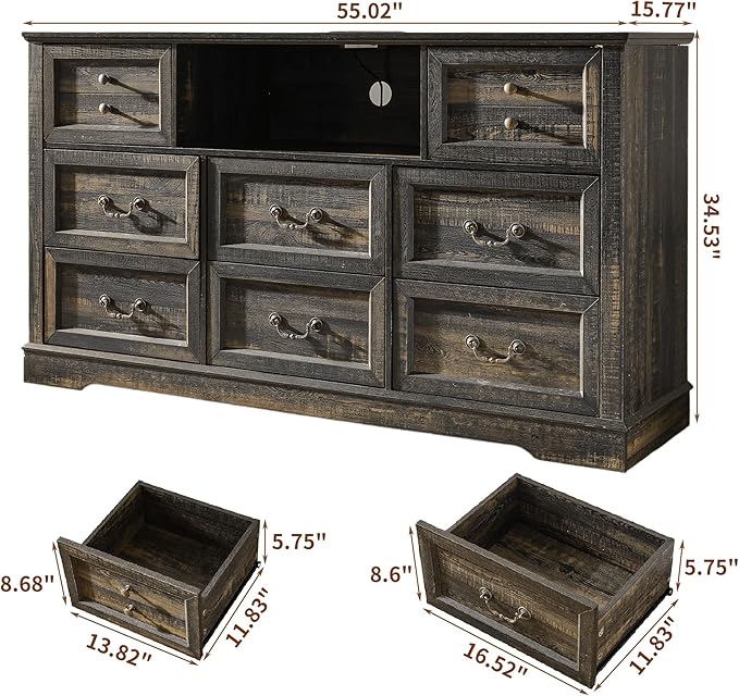 Dresser for Bedroom with Charging Station & Led Lights,55.02" TV Stand with 8 Drawers,Dressers & Chests of Drawers with Open Shelves,Hallway,Closet 55.02" W x 34.53" H x 15.77" D Rustic Oak