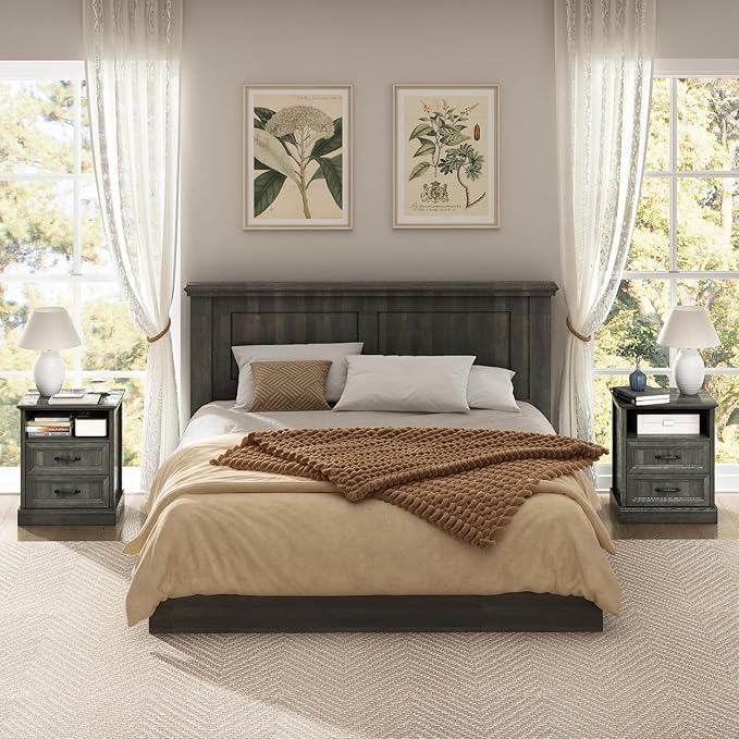 CARPETNAL Farmhouse Dresser and Nightstand Sets for Bedroom, 3 Pcs Bedroom Set, 6 Drawer Dresser & Nightstand Set of 2, Modern Wood Chest of Drawers for Bedroom, Living Room, Entryway, Grey