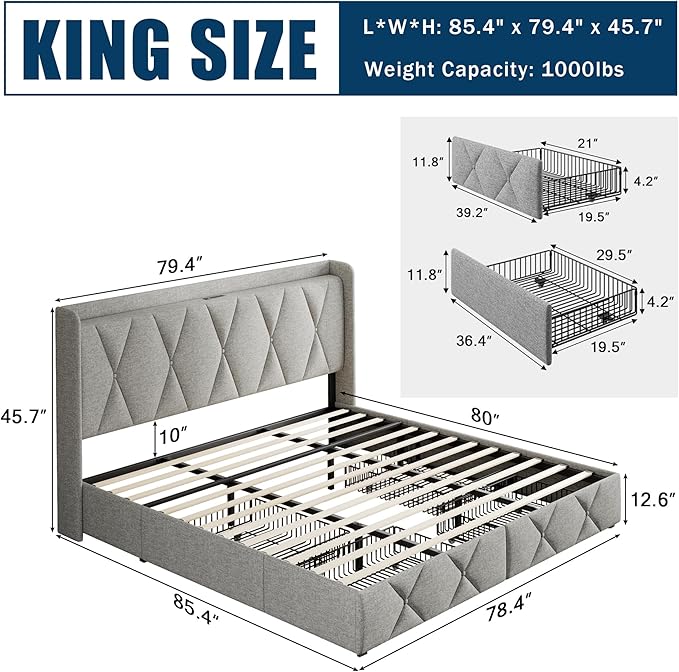 King Size Bed Frame with 4 Storage Drawers, Upholstered Platform Bed with Charging Station, Modern Wingback Storage Headboard, Easy Assembly,Noise-Free, Light Gray