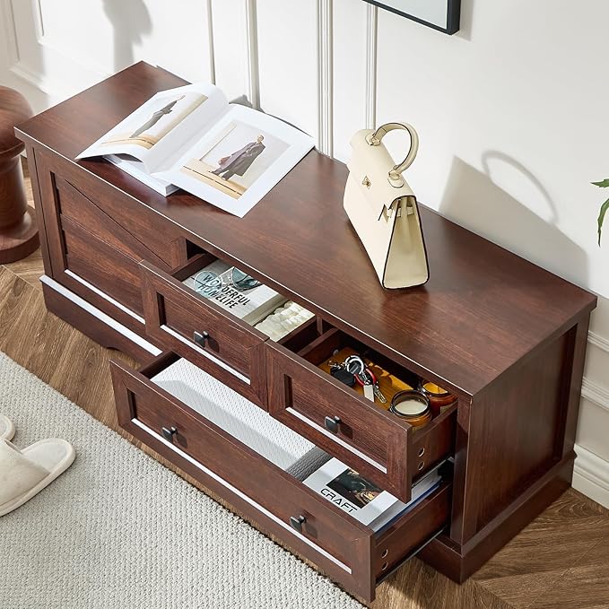 LIDYUK 3 Drawer Cherry Wood Dresser for Bedroom Farmhouse Dresser Chest of Drawers, 48" End of Bed Storage Bench Wide Chest of Drawers for Bedroom, Living Room