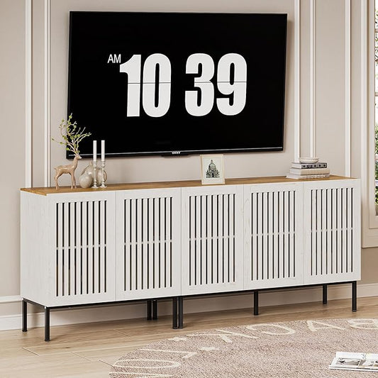 Farmhouse TV Stand for TVs up to 85 inch, 2 in 1 Entertainment Center TV Console with Storage Cabinets and Metal Base,Media Console for Living Room, Antique White