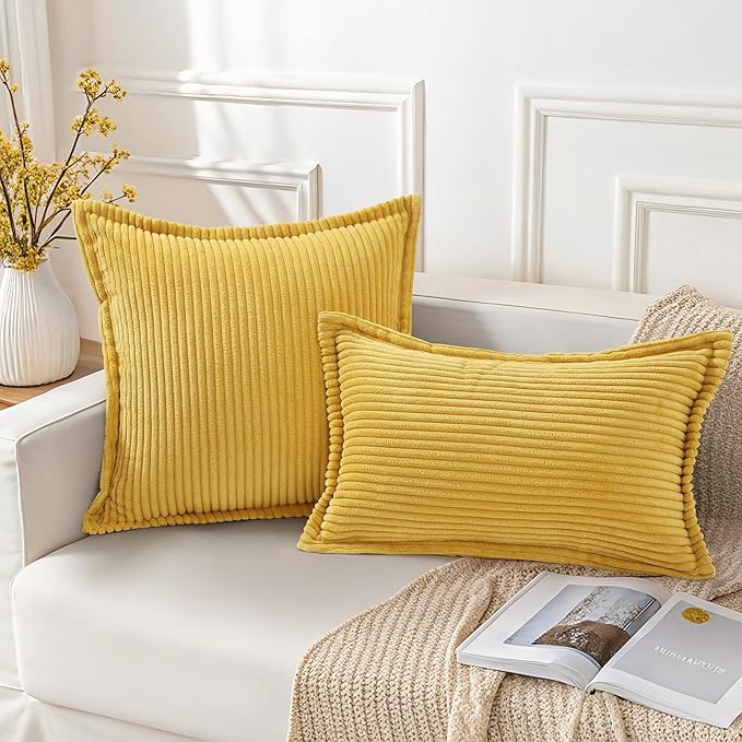 Mecatny Corduroy Throw Pillow Covers 20x20 Set of 2, Neutral Decorative Soft Boho Couch Pillow Covers with Broadside for Sofa Living Room, Mustard Yellow
