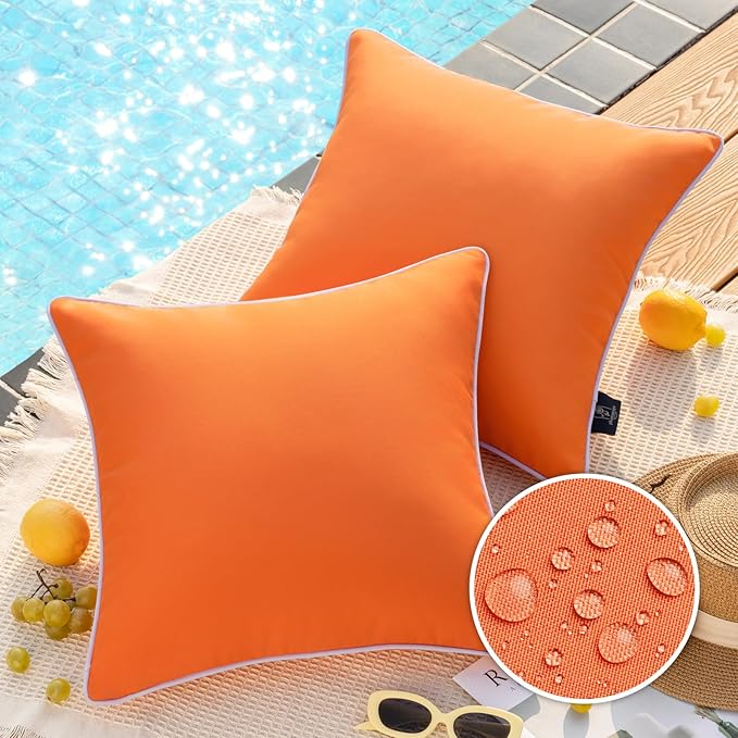 Phantoscope Pack of 2 Outdoor Waterproof Solid Throw Decorative Pillow Cover Decorative Square Outdoor Pillows Cushion Case Patio Pillows for Couch Tent Sunbrella, Orange 18x18 inches 45x45 cm
