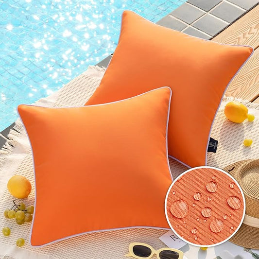 Phantoscope Pack of 2 Outdoor Waterproof Solid Throw Decorative Pillow Cover Decorative Square Outdoor Pillows Cushion Case Patio Pillows for Couch Tent Sunbrella, Orange 18x18 inches 45x45 cm