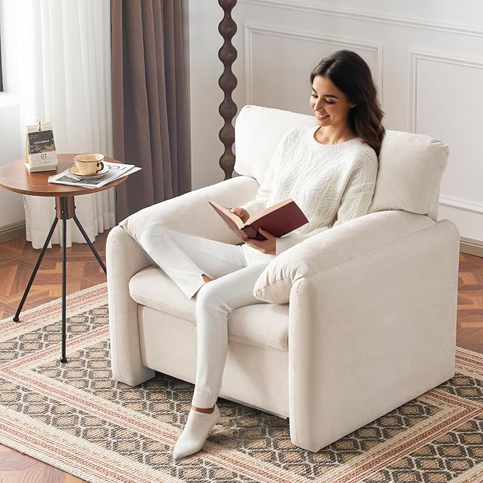 39" Modern Chenille Oversized Armchair, Wide Accent Chair, Single Sofa Chairs, Comfy Upholstered Reading Chair for Living Room, Bedroom, and Apartment (Beige)