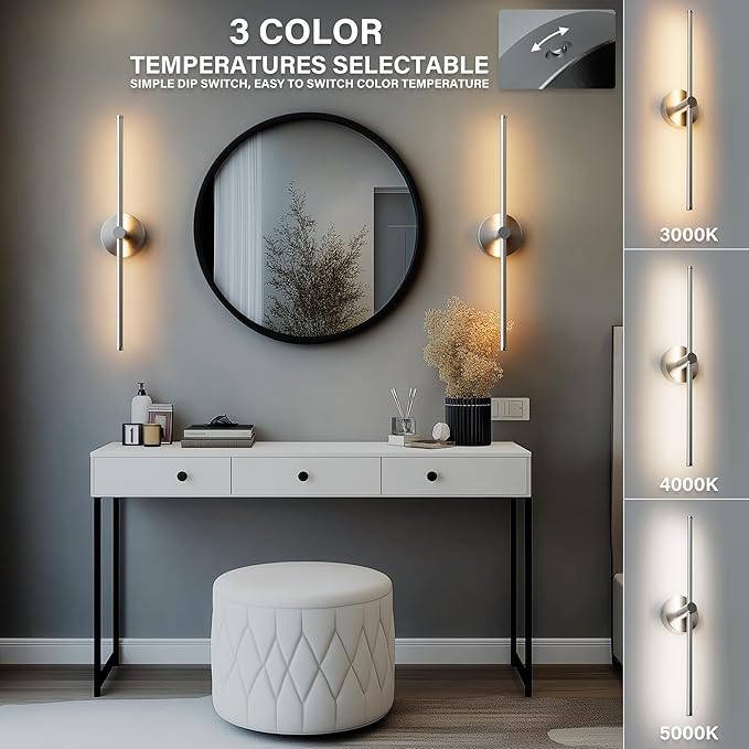 ZAGO 24 Inch LED Indoor Linear Wall Sconces Set of Two, 3CCT Switchable, Brushed Nickel, Hardwired and Wall Mounted, Dimmable for Living Room, Hallway, Bedroom, 120-277V, 14W, 900LM, ETL Certified