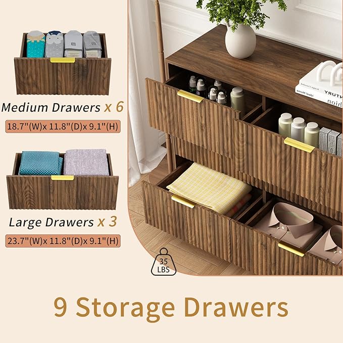 9 Drawer Dresser for Bedroom with Deep Drawers, 63" Wide Wood Dresser, Large Floor Chest of Drawers, Modern Long TV Stand, Mid Century Storage Cabinet Side Table, Natural