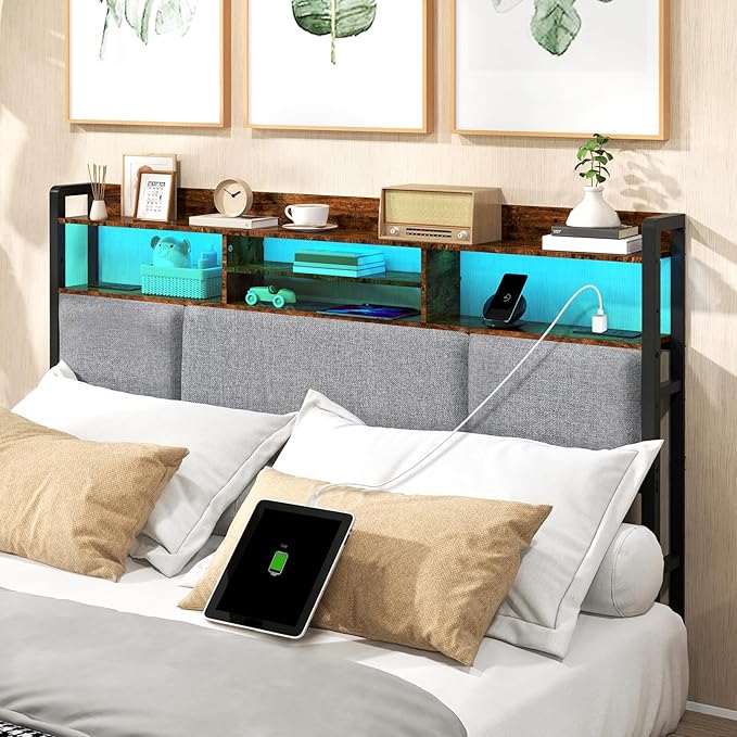 Upholstered Queen Size Headboard with 2 Power Outlets & LED Light, Head Board with Storage Shelves for Bed, Queen Headboard Only, Height Adjustable, Sturdy & Stable, Brown