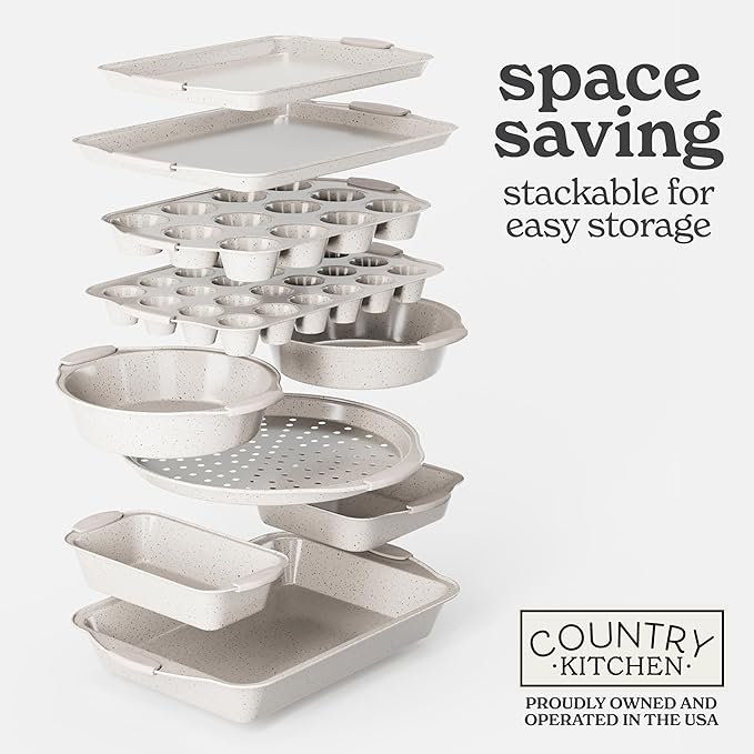 Country Kitchen Nonstick Stackable Bakeware Set - Heavy Duty, Durable, Easy Release Baking Set, Cream, 10 Pcs