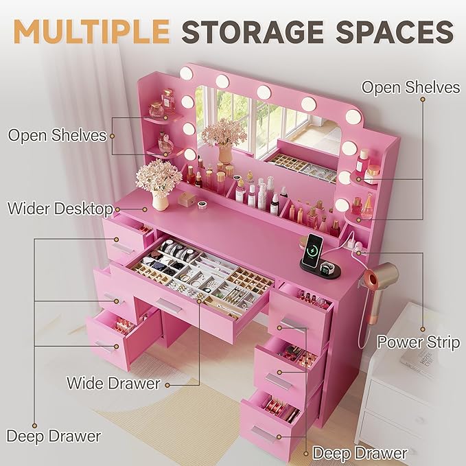 YESHOMY Vanity Desk with Large Lighted Mirror, Power Outlet and 11 Lights, Makeup Table with 7 Drawers and 3 Desktup Storage Units, 3 Color Modes Available for Bedroom, Pink