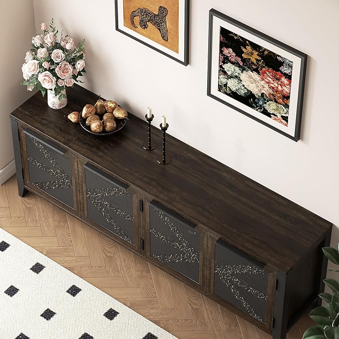 VFK 70 Inch Farmhouse TV Stand for 75 Inch TV, Rustic Entertainment Center with 4 Doors, Wood Media Console Cabinet with Storage, Living Room TV Cabinet