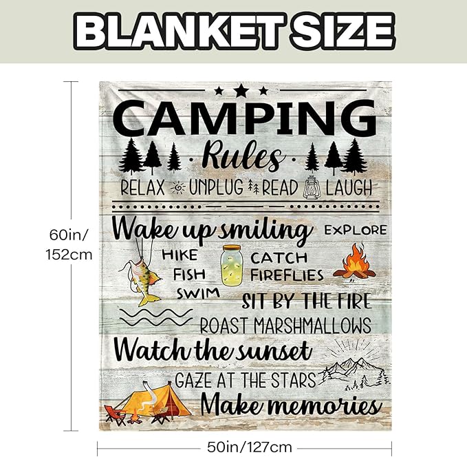 Camping Gifts for Women Men, Camp Blanket Gifts for Camper Lovers, Happy Campers Decor Outdoor Travel Hiking 50" x 60", Camping Rules Throw Blanket for Fathers Day