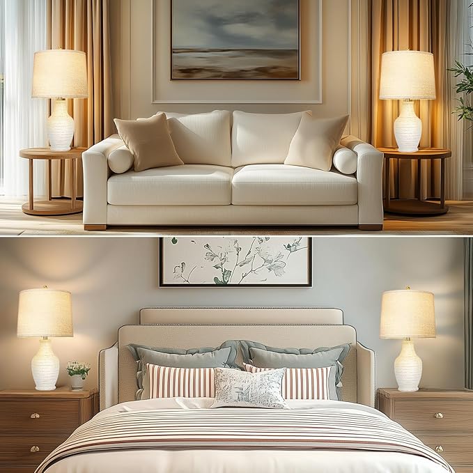 23" White Washed Ceramic Table Lamps Set of 2 with 3-Way Dimmable Bulb,Rotary Switch,Lamps for Living Room,Bedside Lamp with Linen Shade,Nightstand Lamps of 2 for Living Room Bedroom(Bulb Included)