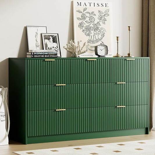 Green Dresser for Bedroom, Modern Dresser with 7 Drawers and Smooth Slides, Wide Chest of Drawers with Golden Handles for Bedroom, Living Room, Closet, 15.7" D x 55.1" W x 31.4" H