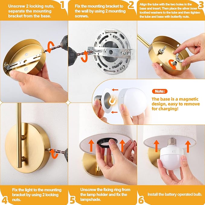 Battery Operated Wall Sconce Set of 2, Gold Rechargeable Dimmable Wall Light Fixture Remote, 12 RGB Colors & Timer, Wireless Lamp Linen Shade