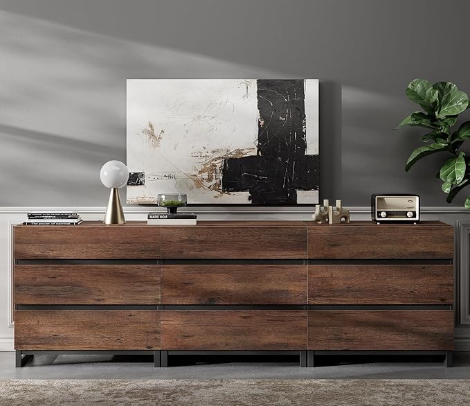 Wampat Modern TV Stand for 100 inch TVs, Entertainment Center Console with 9 Drawers and Metal Base, Living Room, Bedroom, Brown