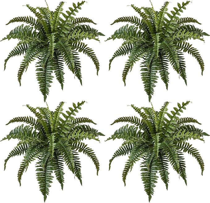 27" Silky Artificial Boston Fern Bush,Set of 4, Fake Fern Large Hanging Plant That Look Real for Outdoors Home Decor,25Branches. (27" 4Pcs25Fronds)