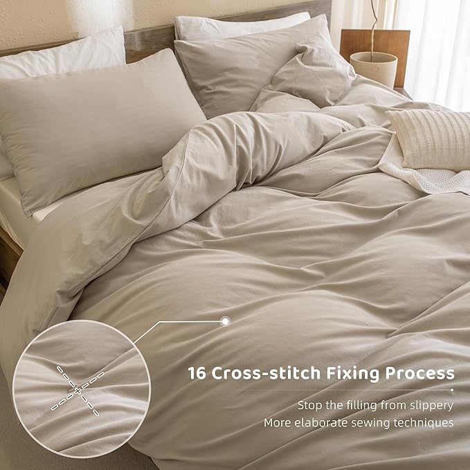 Sanracie Cotton Comforter Set Queen,Linen Like Textured Bedding Comforter for Queen Size Bed 3 Pieces(1 Solid Comforter and 2 Pillowcases) Soft Lightweight Bedding Set