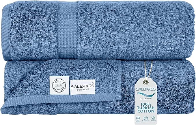 SALBAKOS 100% Turkish Cotton Extra Large Bath Sheet Set of 2 35x70 inch | Heirloom Quality | Hotel & Spa Collection | Ultra Soft, Absorbent Oversize Bath Towels | Made in Turkey (Blue, 2 Bath Sheets)