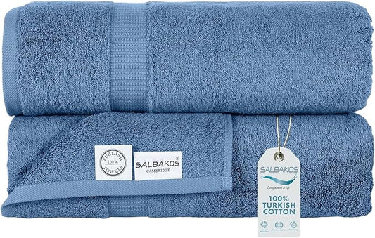 SALBAKOS 100% Turkish Cotton Extra Large Bath Sheet Set of 2 35x70 inch | Heirloom Quality | Hotel & Spa Collection | Ultra Soft, Absorbent Oversize Bath Towels | Made in Turkey (Blue, 2 Bath Sheets)