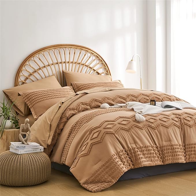 KAKIJUMN Khaki Tufted Comforter Set Full Size 7 Piece Bed in a Bag, Shabby Chic Boho Comforter and Sheet Set, Pom Pom Textured Bed Set, All Season Soft Microfiber Complete Bedding Set(Khaki,Full)