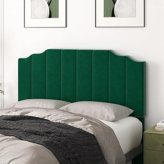 Queen Size Headboard Only, Velvet Wall Mounted Headboard Queen/Full Size for Adjustable Bed, Modern Vertical Channel Design with Curved Tufted Upholstered Head Board, Jade Green