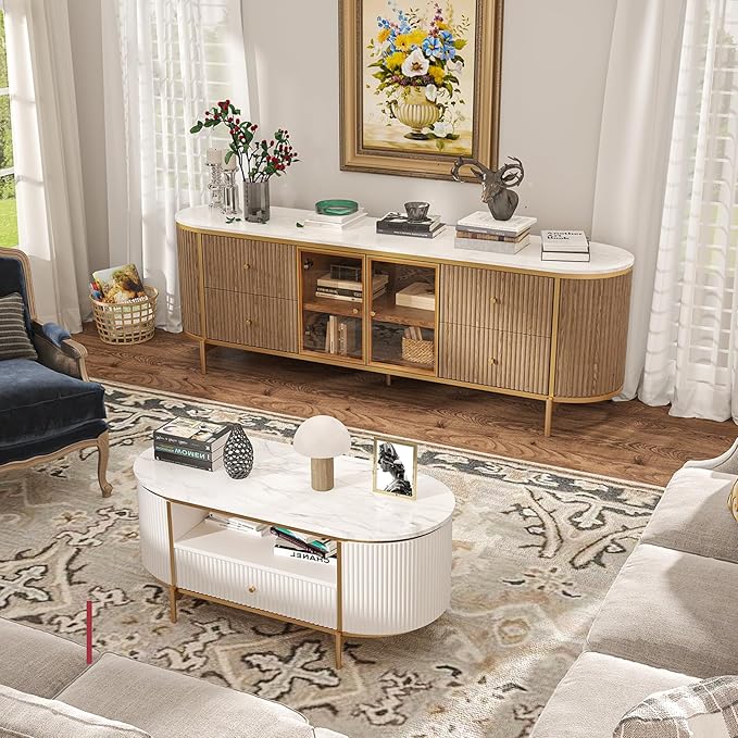 Luxury 70" Fluted TV Stand for TVs Up to 75", Modern Entertainment Center with Faux Marble Top, Media Console with Curved Profile Design, Television Stands for Living Room, Wood