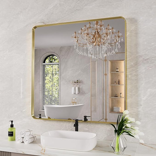 Gold Bathroom Mirror, 36x36 Inch Brushed Gold Metal Frame Mirror for Wall, Rounded Rectangle Bathroom Vanity Mirror, Tempered Glass, Anti-Rust, Horizontal/Vertical