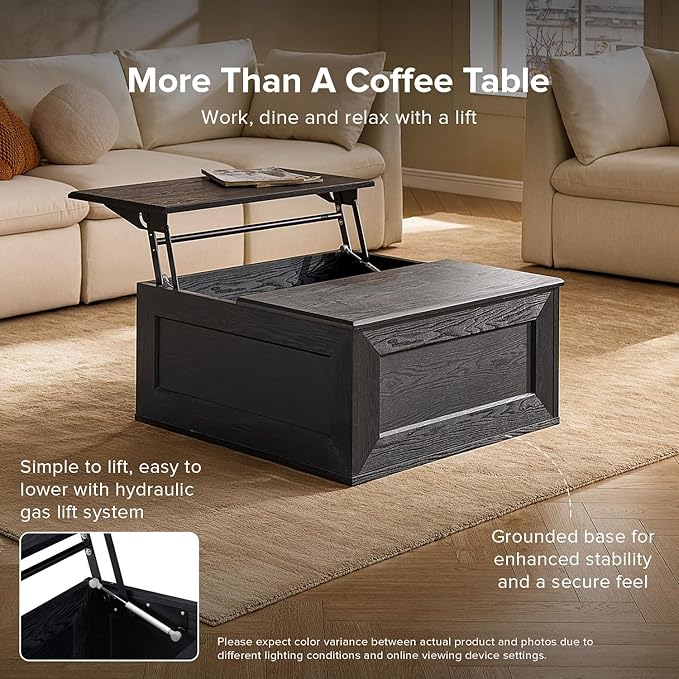 mopio Blake Lift Top Coffee Table with Storage, Modern Farmhouse Square Wood Center Coffee Table with Easy Lifting Top, Chamfered Edge & Soft Closing (Black Oak)