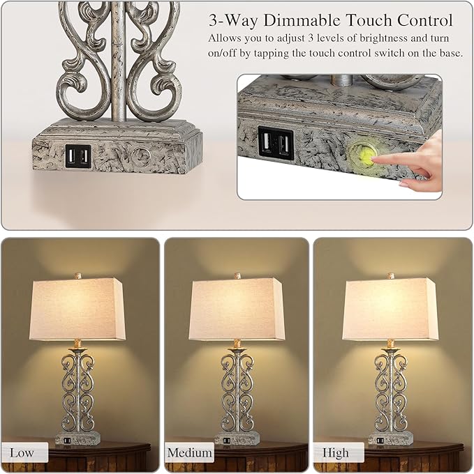 25" Set of 2 Farmhouse Touch Resin Table Lamps with 2 USB Ports, 3-Way Dimmable Rustic Vintage Nightstand Industrial Table Lamp for Bedroom Living Room Dorm, 2 Bulbs Included