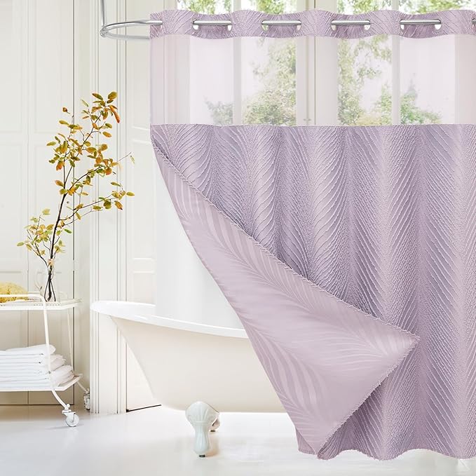No Hook Boho Purple Shower Curtain and Liner Set, Modern Lavender Shower Curtain with Snap in Liner, Hotel Style with See Through Top Window Shower Curtains for Luxury Bathroom Decor, 72x74