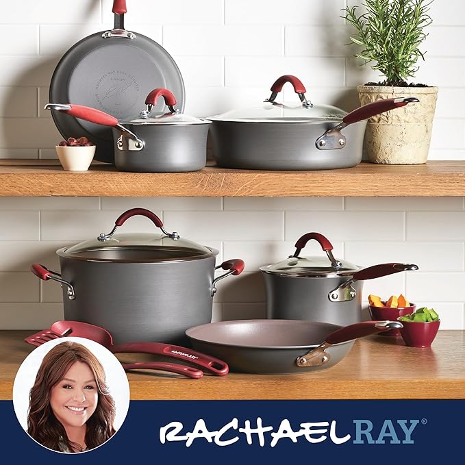 Rachael Ray - 87630 Rachael Ray Cucina Hard Anodized Nonstick Cookware Pots and Pans Set, 12 Piece, Gray with Red Handles