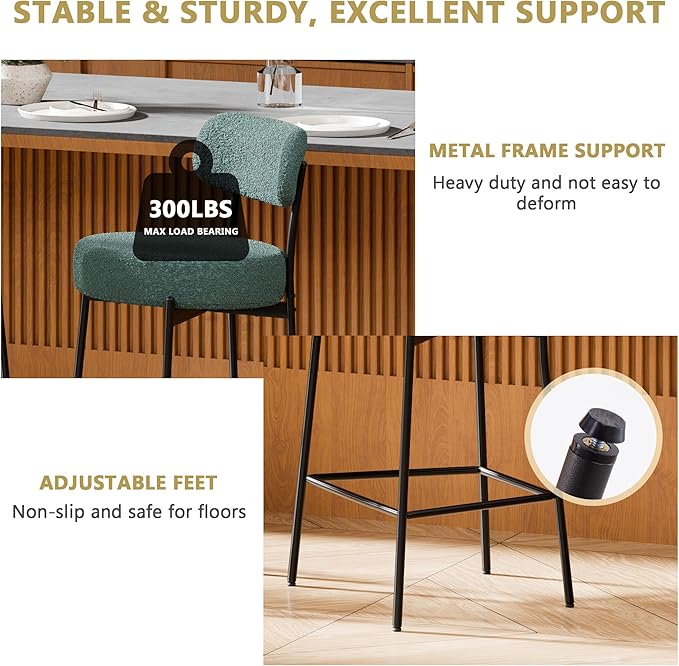 DYHOME Bar Stools Set of 4, 24 Inches Modern Counter Height Bar Stools with Curved Back Metal Legs, Green Upholstered Boucle Barstools for Kitchen Island, Cafe