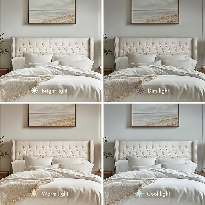 Madison Park Amelia Upholstered Headboard | Nail Head Trim Wingback Button Tufted | Queen, Cream