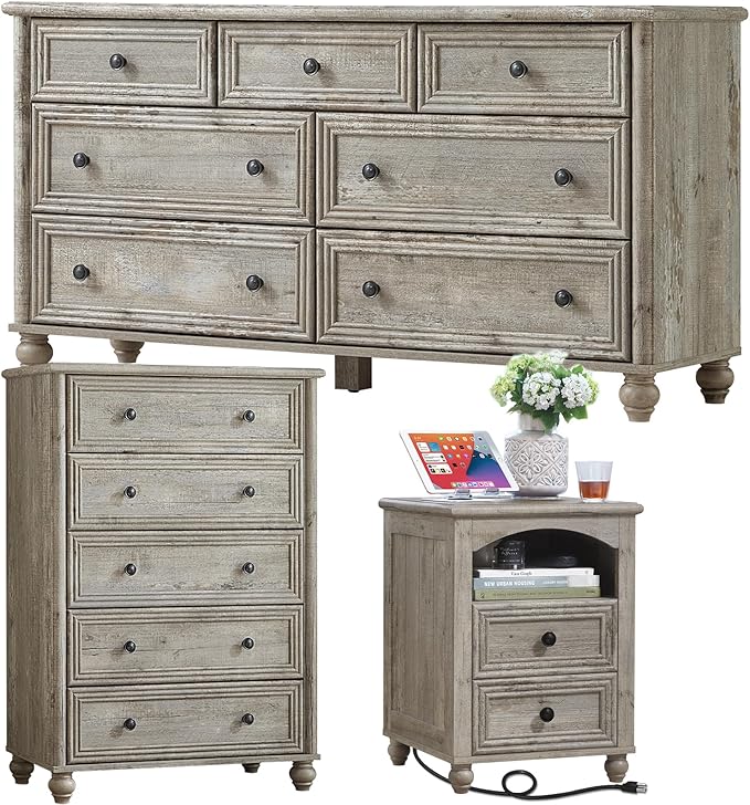 Farmhouse Dressers & Night Stand Set of 3, Wood 54" Wide Dresser & 45"Tall Chest of Drawers, 18" with Charging Station Nightstand, Bedroom Furniture 7 Drawer Dresser Set for Home Living Room Hallway