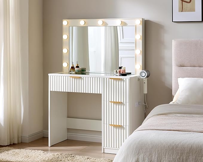 AMERLIFE 36.2" Fluted Vanity Desk with Large Mirror and Adjustable LED Lights, 4 Drawers Makeup Table with Glass Top and Charging Station for Women and Girls, Bedroom or Dorm, White